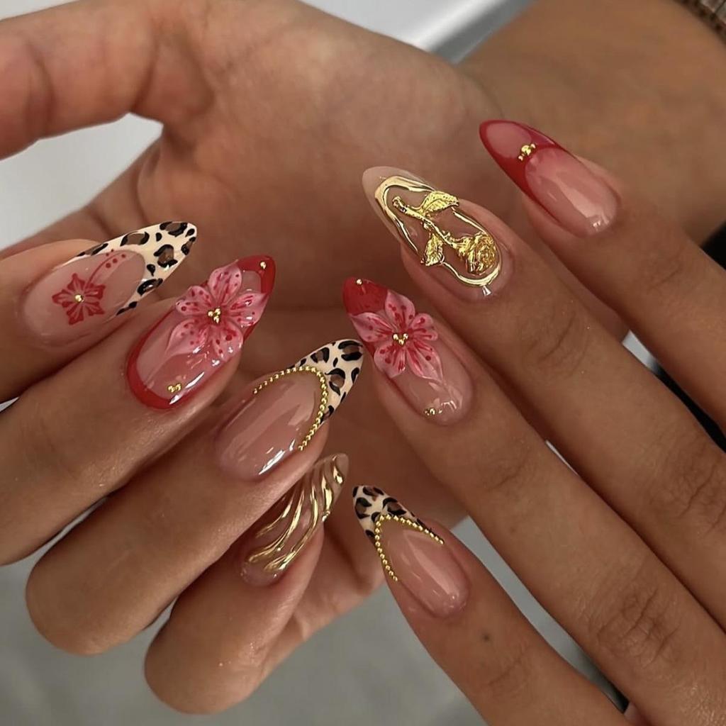 Almond Shape Leopard Print Nails with Steel Bead Flower Embellishments - Luxury Nail Tips for a Chic Manicure