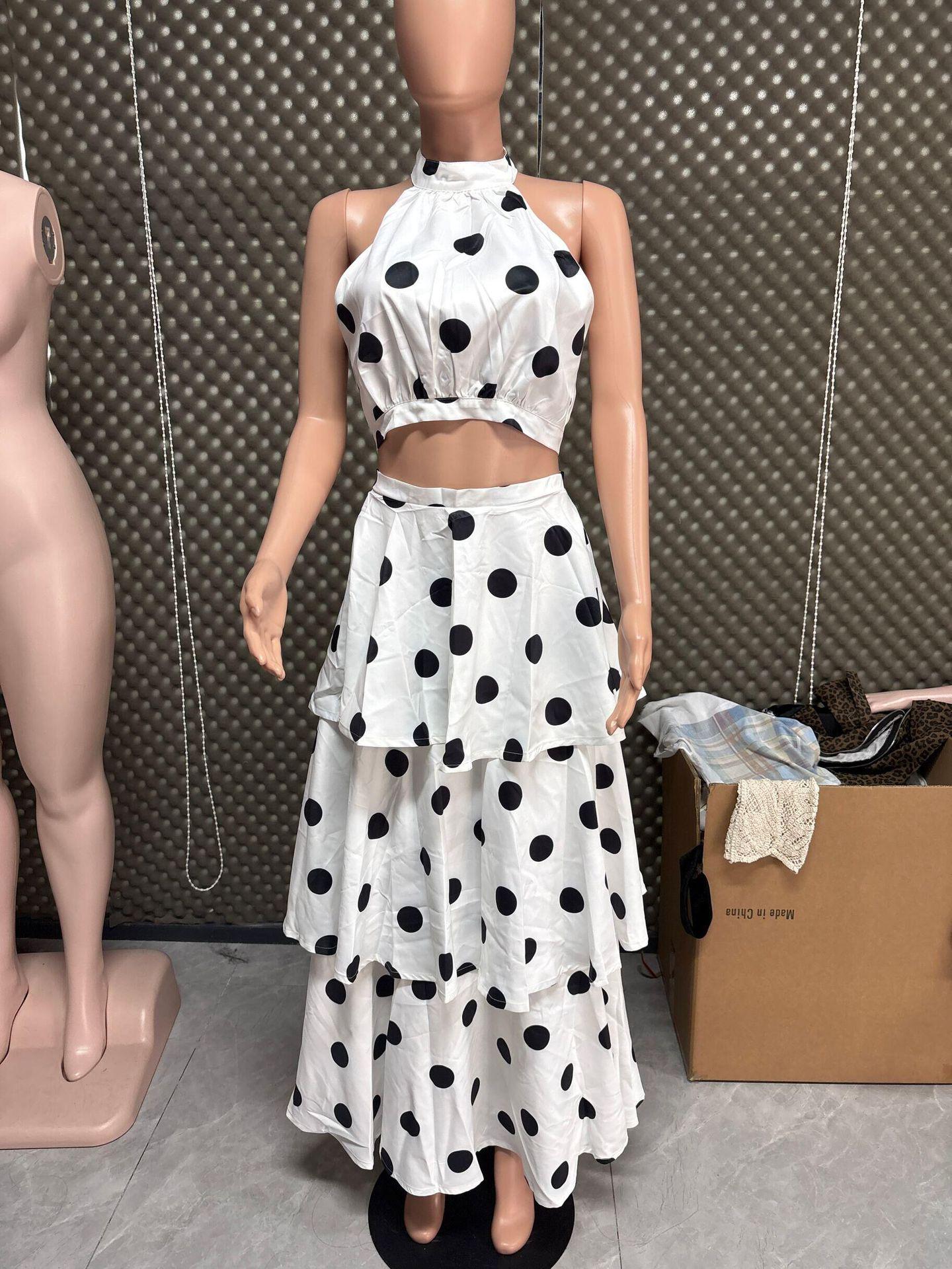 2026 Polka Dot Halter Sleeveless Top and Skirt Set Medium