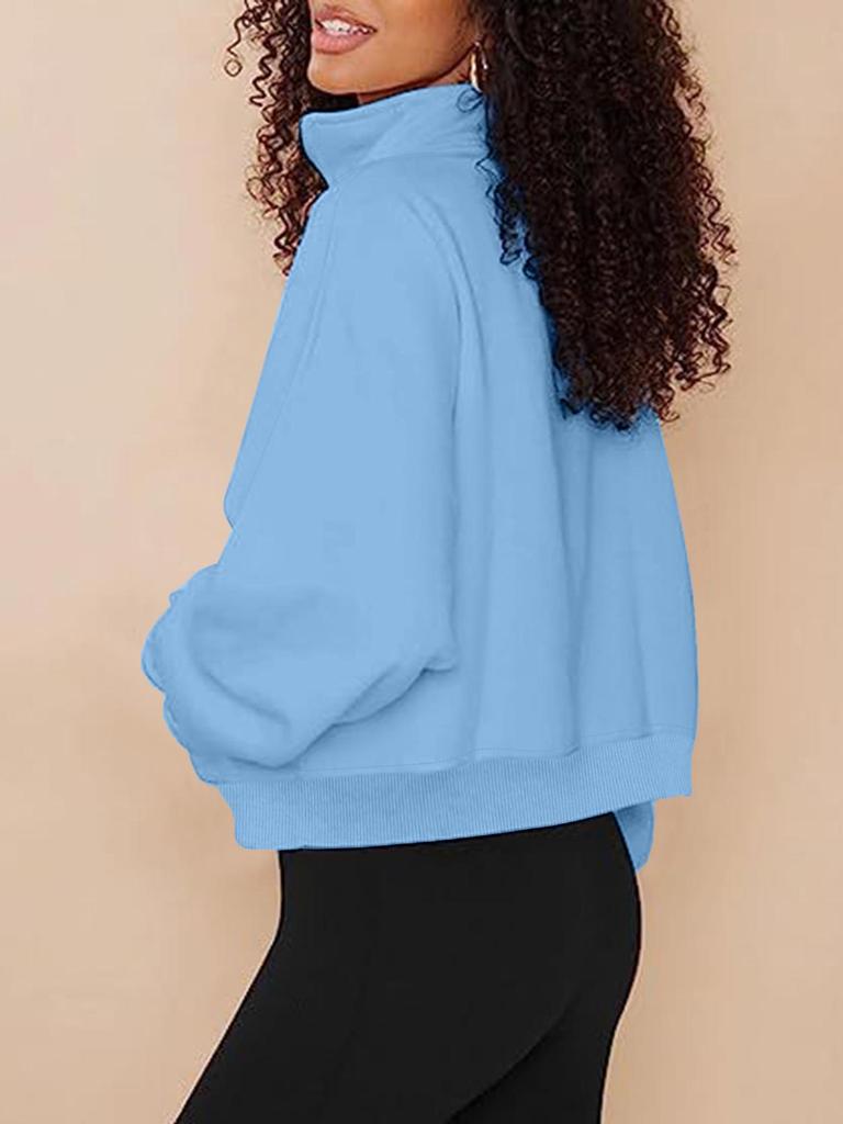 2026 Women's Stand Collar Fleece Hoodie with Pockets, Autumn-Winter Casual Loose Fit, Solid Color Ribbed Top.