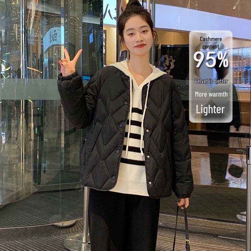 

Женская легкая тонкая пуховая куртка-подкладка - Утолщенный ромбовидный узор, без воротника, осенне-зимняя верхняя одежда. XL (150-170 pounds)