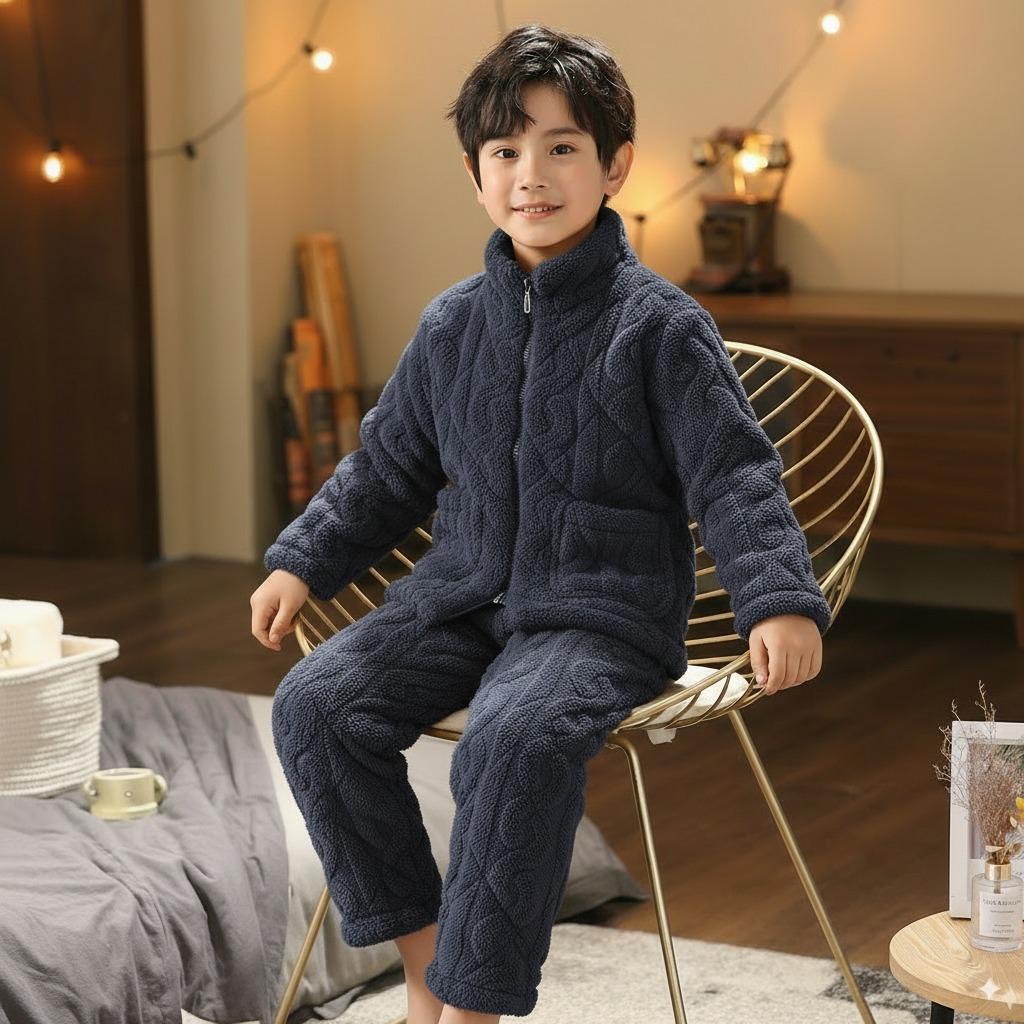 Autumn And Winter Long Crystal Flannel Padded Suit Men'S And Children'S Loungewear Thickened Pajamas Warm Three Layers