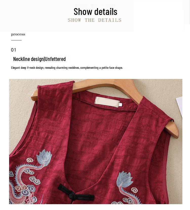 2026 Spring/Summer Retro Ethnic V-neck Embroidered Cotton Linen Sleeveless Vest for Women