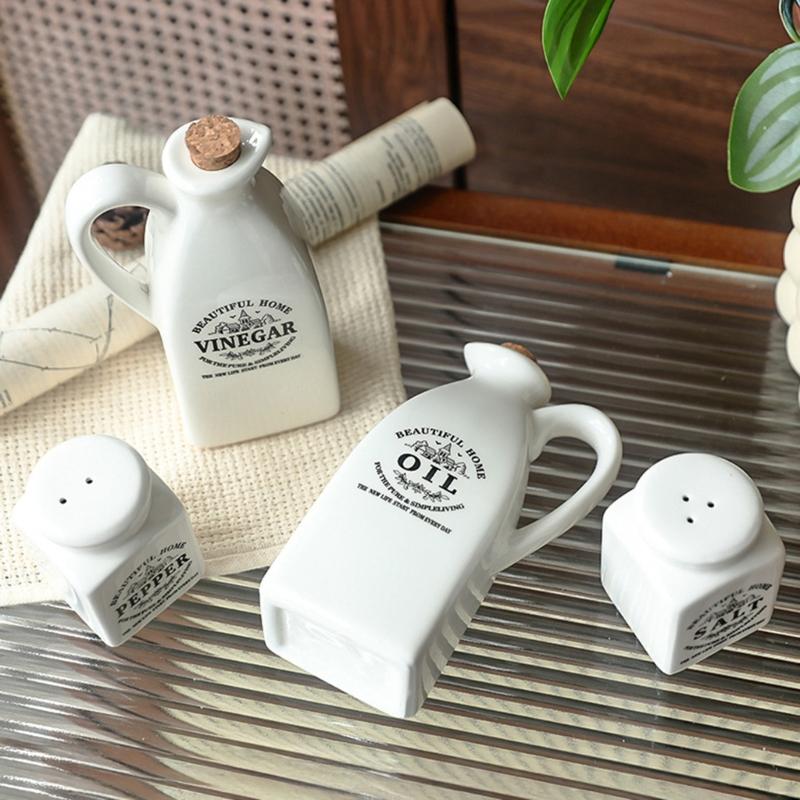 4pcs Ceramic Dispenser Set Including Oil Bottle Vinegar Bottle Salts Pepper Shaker Practical for Home Cooking