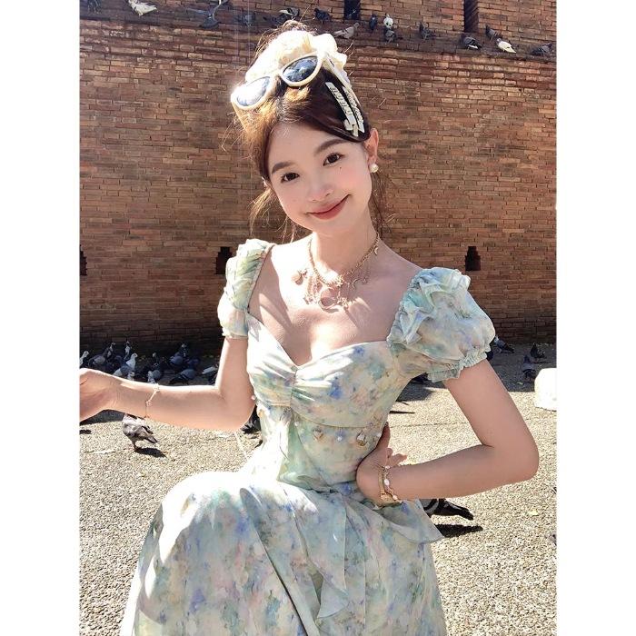 

Super fairy temperament smudged princess dress summer travel vacation photo giant beauty thin ruffle edge floral dress XL зелений