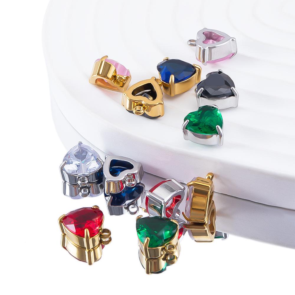 5pcs Stainless Steel Zircon Heart Pendants Base Clear Crystal Charm Beads with Hole for Necklace Making DIY Ear Jewelry Findings