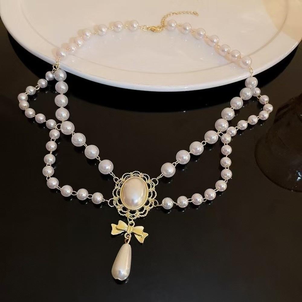 Bowknot Pendant Imitation Pearl Necklace Palace Style Bridal Jewelry Accessories  Gift S