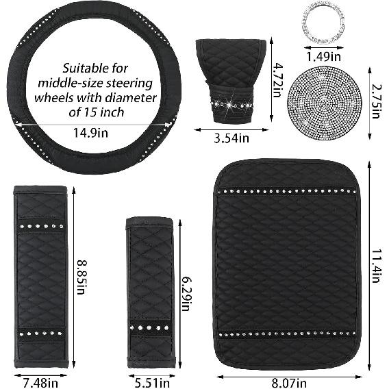 Sinmoe 10 Pcs Bling Car Accessories Set For Women Rhinestones Leather Accessories Steering Wheel Cover Armrest Gear Shift And Seat Belt And Handbrake