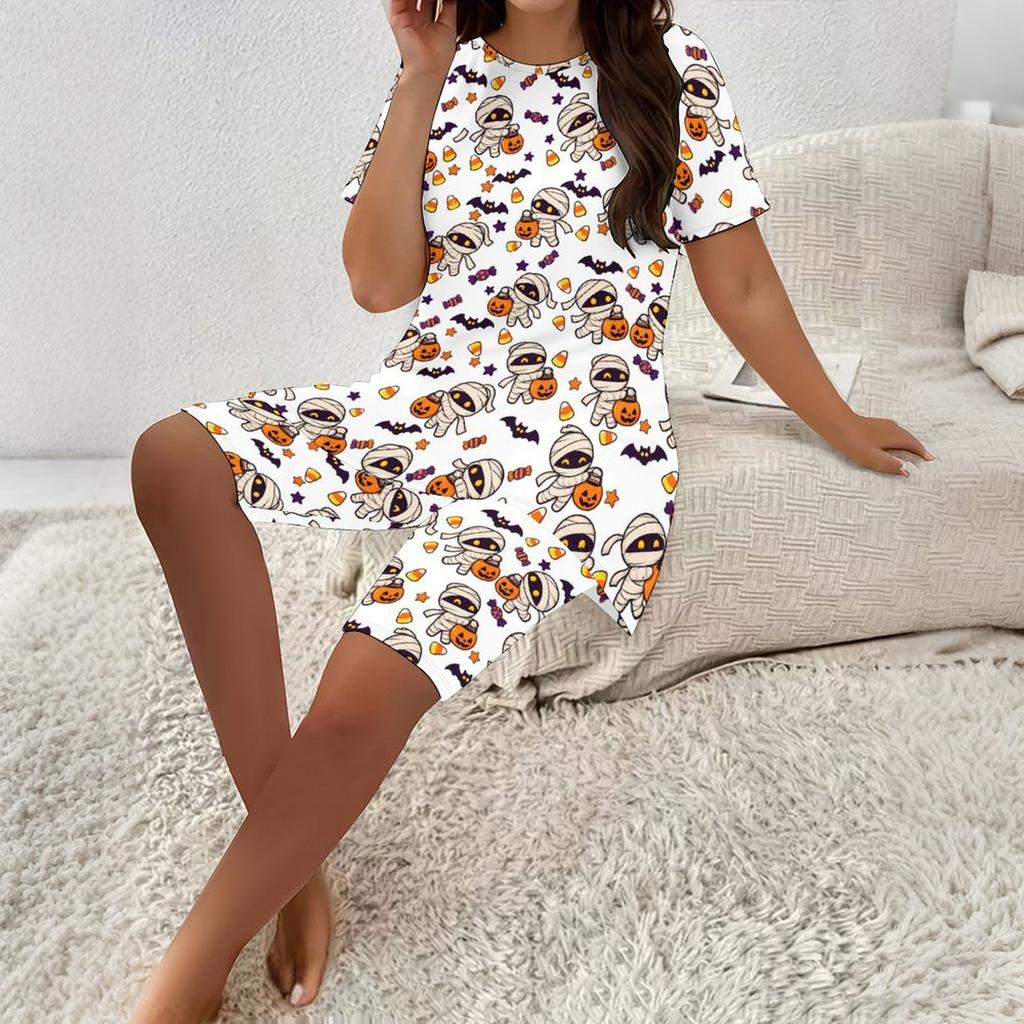Women Plus Size White Halloween Printed Round Neck Short Sleeve Longline Top Fitted Shorts Two Piece Set