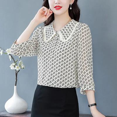Mamas modische 3/4-Ärmel-Bluse, Puppenkragen-Chiffon-Hemd, Damen-Frühlings-Herbst-Neues Bottoming-Top M-4XL
