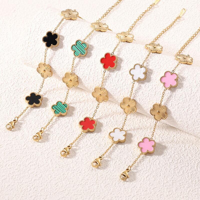 Lucky Five-Leaf Clover Beaded Bracelet for Women Classic Fashion Minimalist Gold Plated Stainless Steel Jewelry