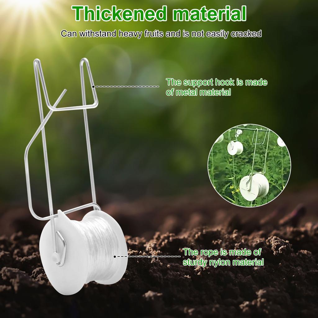 10 Pièces Crochets à Roulettes pour Tomates Solides Kit de Treillage pour Plantes à Fleurs et Légumes avec Corde de 15m Corde Polyvalente Crochets à Roulettes pour Treillage de Plantes