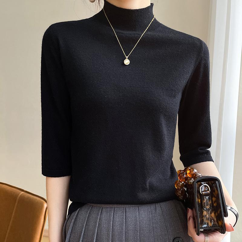 Women's Slim-Fit Half-High Collar Knit Top with Mid-Length Sleeves