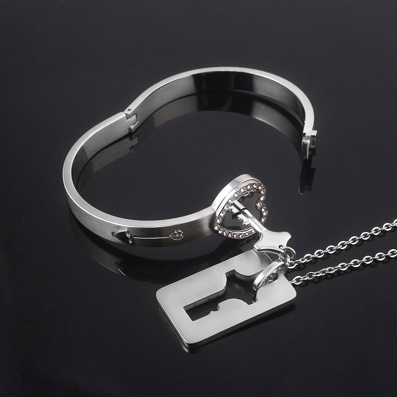Couple Stainless Steel Bracelet Love Heart Lock Key Pendant Necklace For Women Men Valentine Gift Jewelry