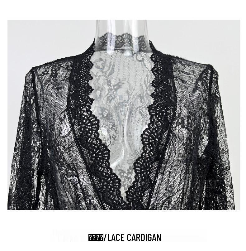 Sexy síťkovaná krajková lemovaná průsvitná noční košile župan - Dámské domácí oblečení