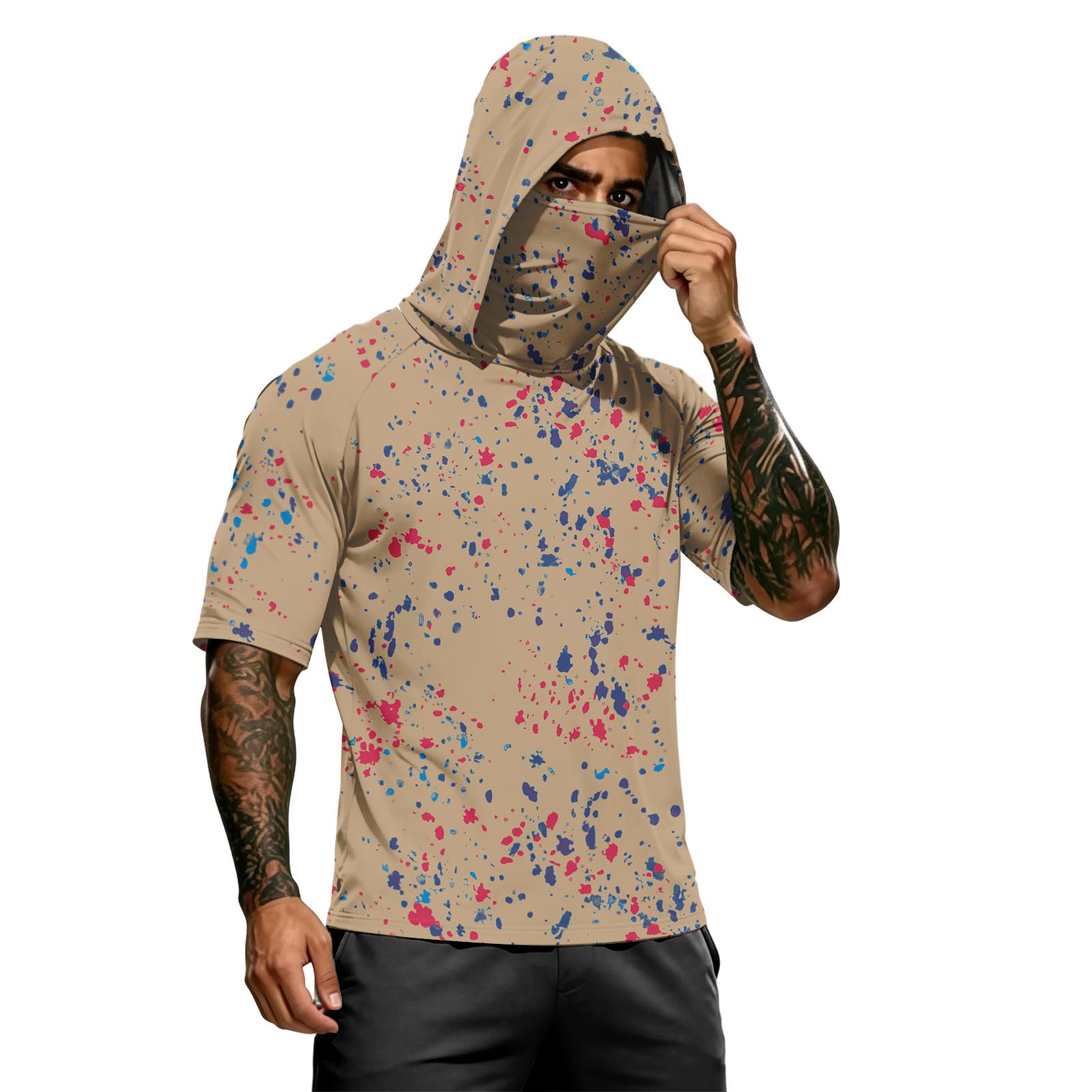 

Men s summer camouflage gradient drying short-sleeved T-shirt, sun clothing, fishing, fitness, sports, hooded short-sleeved shirt L коричневый