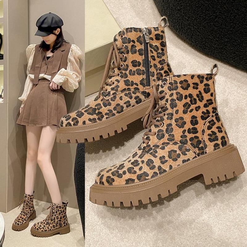 Large size Martin boots autumn and winter platform leopard print lace-up fashion boots women's TEUM explosive cotton boots