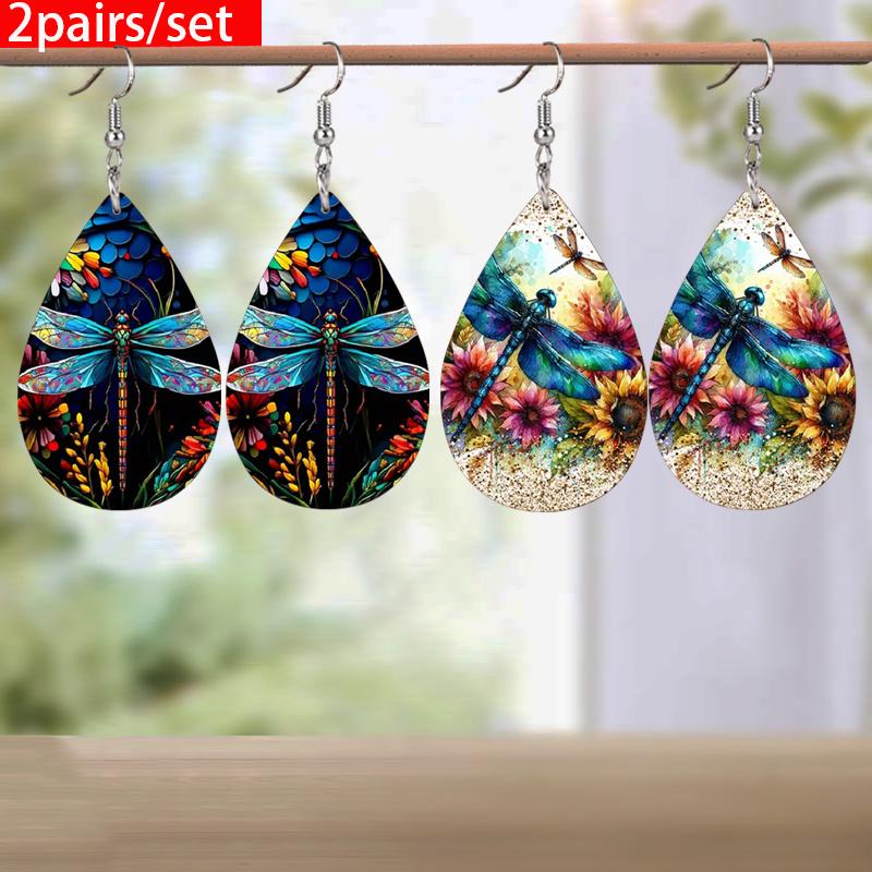 Colorful Dragonflies Flowers PU Leather Earrings Y2K Earrings Double-sided Printed Water Drop Earrings