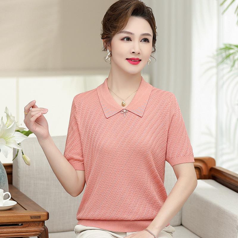 

2026 Stylish Ice Silk Short-Sleeve Top for Middle-Aged Women: Elegant Summer T-Shirt for 40s & 50s 5XL (150-165 jin) рожевий/помаранчевий