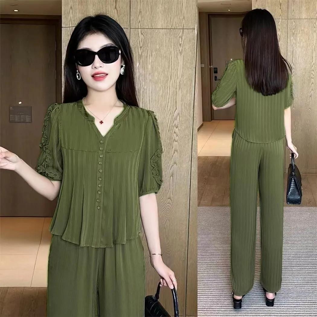 

Женский летний комплект для поездок на работу, однотонный тонкий топ с короткими рукавами и брюки, повседневный комплект из двух предметов M зелёный