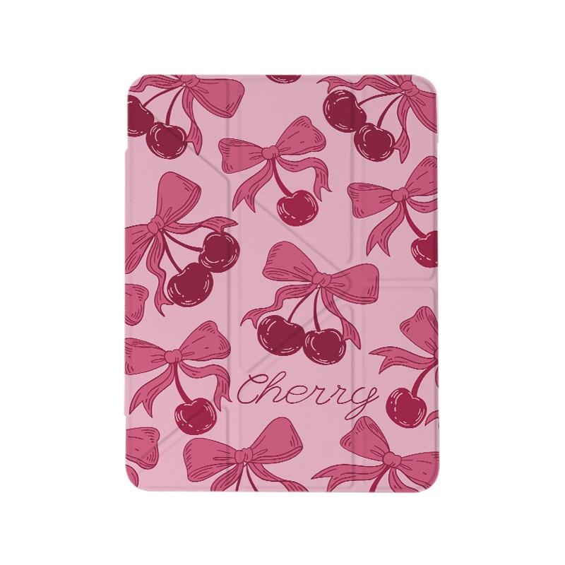 Pink Cherry Butterfly Knot IPad Case With Pen Slot 9th Gen Flip Cover Stand Anti-Shock Acrylic Shell