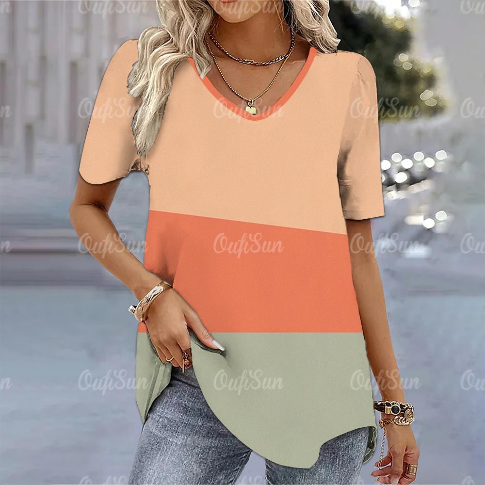 Women's T-shirt Simple Fashion V-neck Short Sleeve Stripe Print T Shirt For Ladies Harajuku Loose Clothing Female Pullover Tops