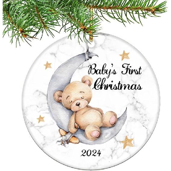 Baby s First Christmas 2025 Boy Bear on The Moon Baby Ornament Christmas Wedding Decoration Baby Ornament Newlywed 2025 (Yellow and White Baby Bear) Yellow and White Baby Bea