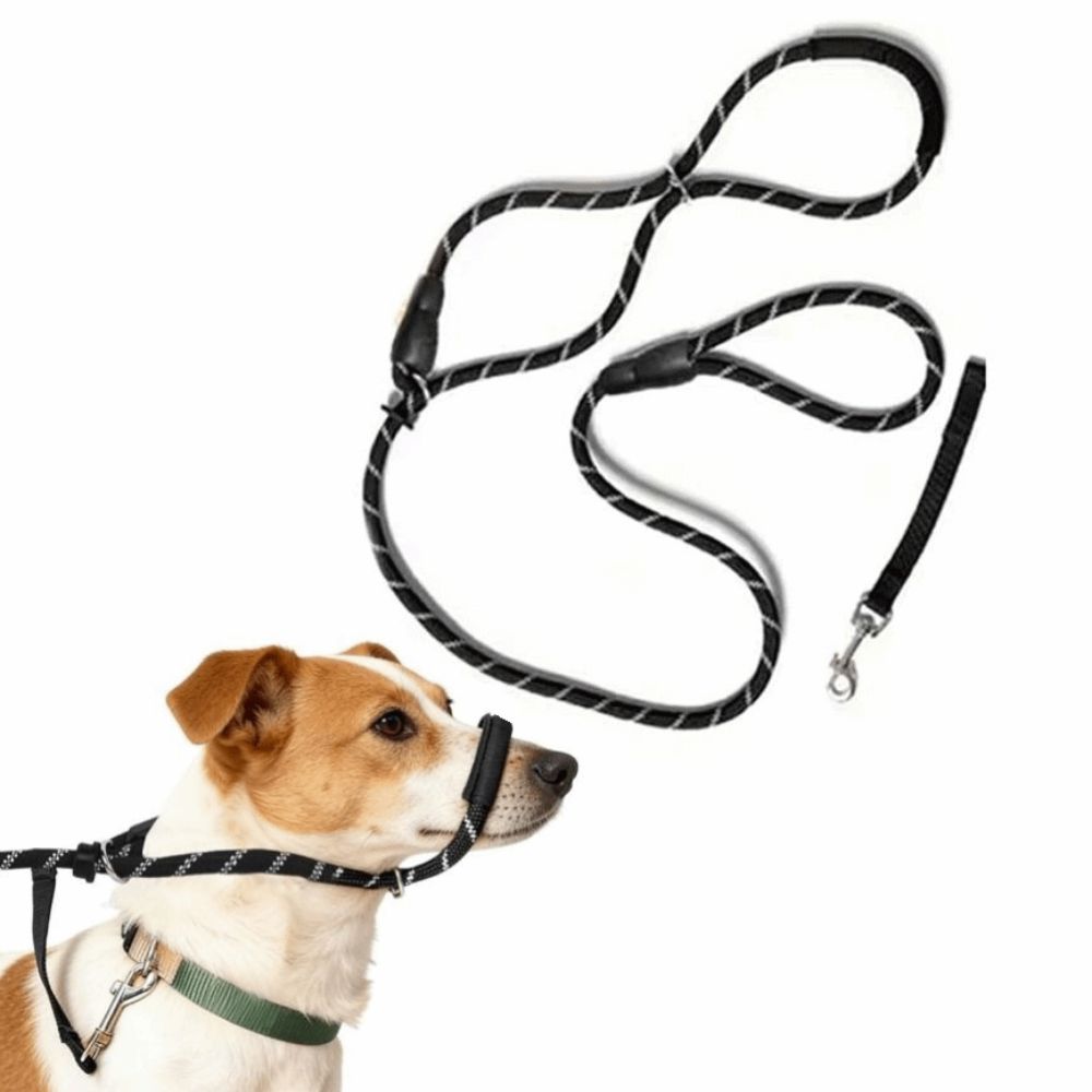 2in1 Dog Leash with Anti-Bite Muzzle Adjustable Bite Resistant Dog Collar Muzzle Leash Nylon Comfort Handle Anti-Pull Dog Leash