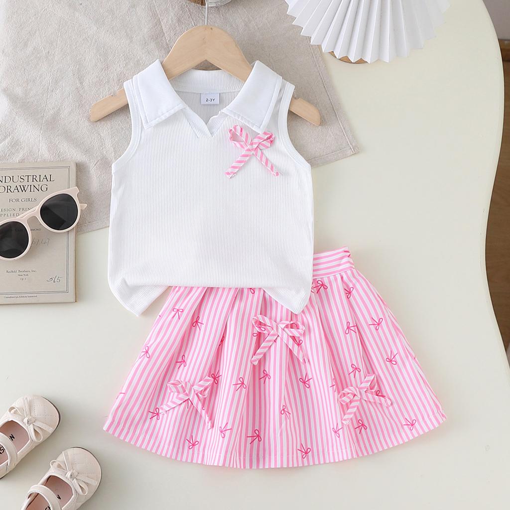 22/5000 Girls' Fashionable Two-piece Summer Children's Sweet Striped Top + Pleated Skirt Set