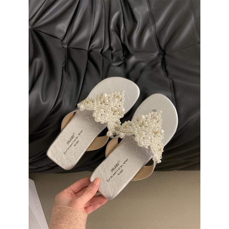 2025 spring and autumn new pearl rhinestones wave wind toe sandals women's flat bottom outside fairy style French