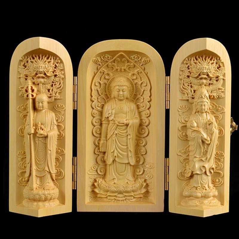 Skládací krabička Ozdoba sochy Buddhy, Sochy Guanyin, 3,93" Dřevořezba Západní Sansheng Řemesla Kancelář Domácí dekorace dárek