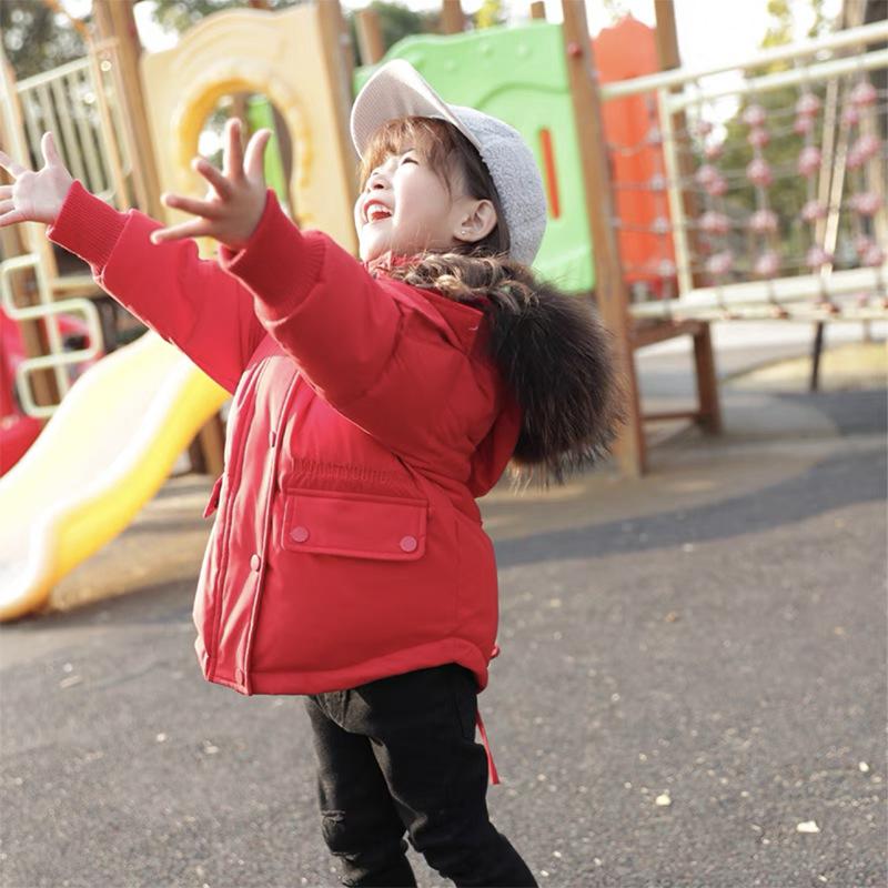 Children's Hooded Fur Collar Down Jacket Baby Boys and Girls Winter White Duck Down Thickened Irregular Zipper Cotton Jacket