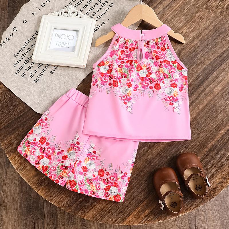 Children's Fashion Printed Halter Sleeveless Vest Casual Shorts Set,autumn Girls' Sweet  Set