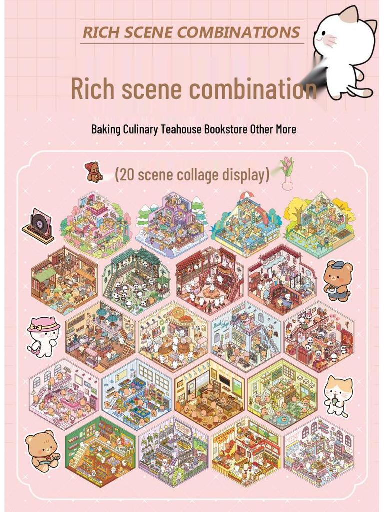 Sonnige Stadt 3D Miniatur-Szenen Stickerbuch: Frühmorgendliche Cartoon-Hüttenlandschaft