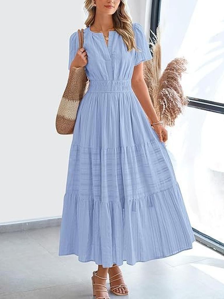 Spring/Summer Women's Fashion V-Neck Ruffled Bubble Sleeve Layered Maxi Dress for Women