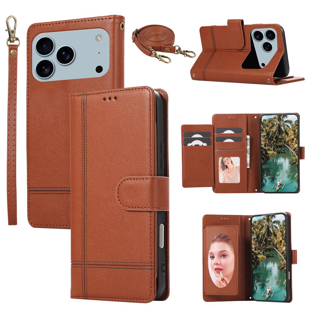 Crossbody Makeup Mirror Magnetic Card Solt Wallet Flip Leather Case For iPhone 17 Pro Max 16 Plus 15 14 13 12 11 Lanyard Cover