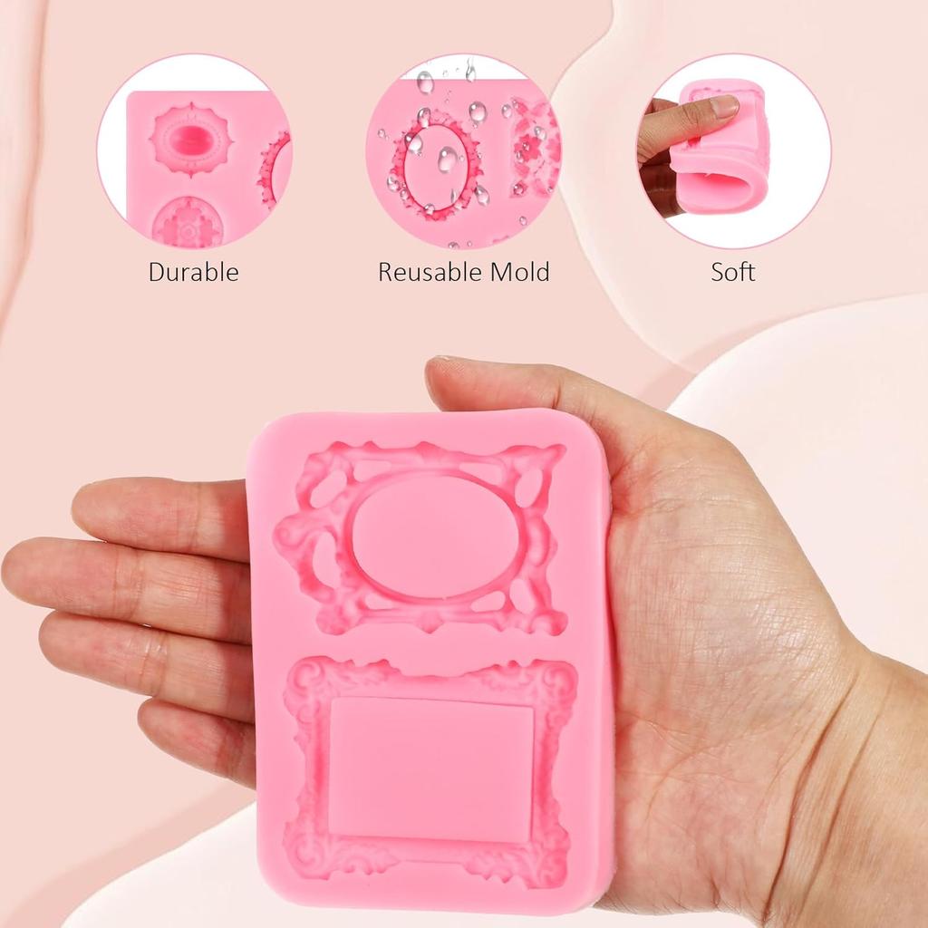 2Pcs Photo Frame Silicone Mold, Mini Frame Air Dry Clay Molds, Baroque Style Frame Chocolate Mold, for Cake Decorating Cupcake Topper Chocolate Candy