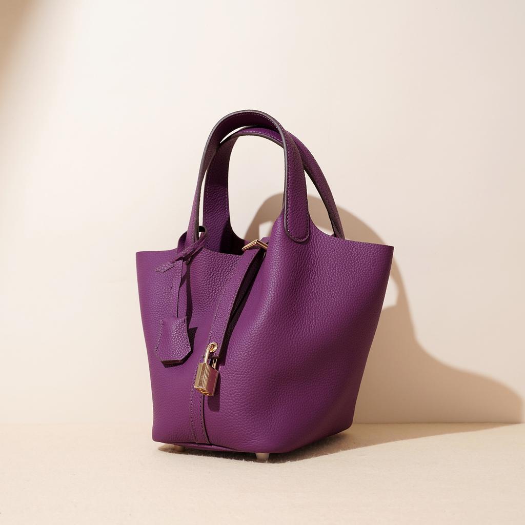 Genuine Leather Women's Bucket Bag Large Capacity Vegetable Top-handle Basket Bag