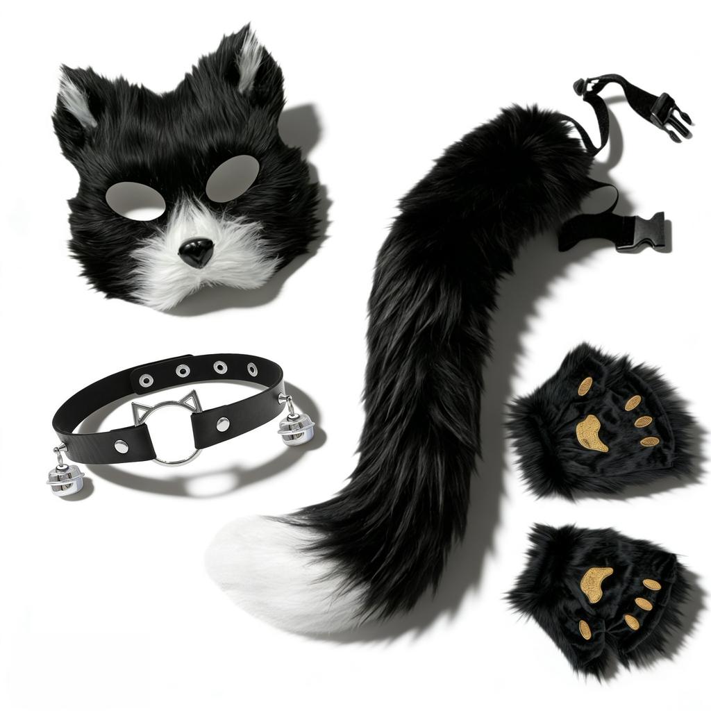 Womens Cosplay Set Animal Ears Mask Plush Gloves Tail Bell Collar Halloween Party