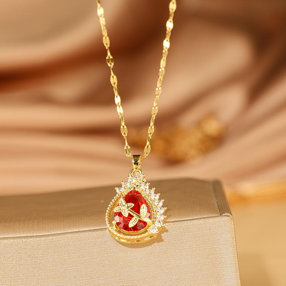 

White Red Green Gem Zircon Water Drop Pendant Titanium Steel Necklace for Women - 2025 Fashion Trend