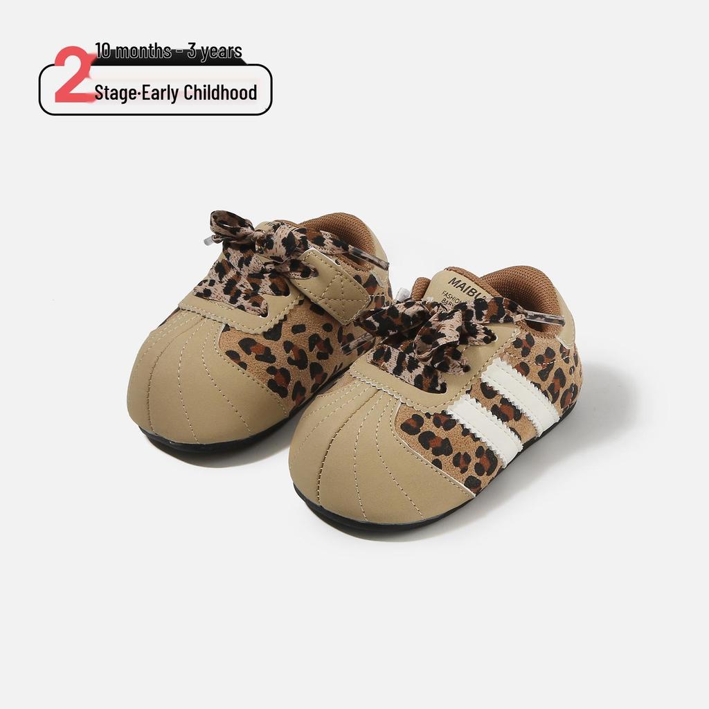 Spring 2026 Girls' Retro Leopard Print Baby Walker Shoes - Ugly Cute, Color Block Design.