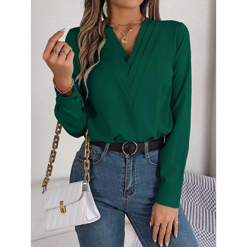 Womens Dressy Casual Shirts Long Sleeve Layered V Neck Solid Elagant Tops Fall Winter Preppy Business Office Blouse