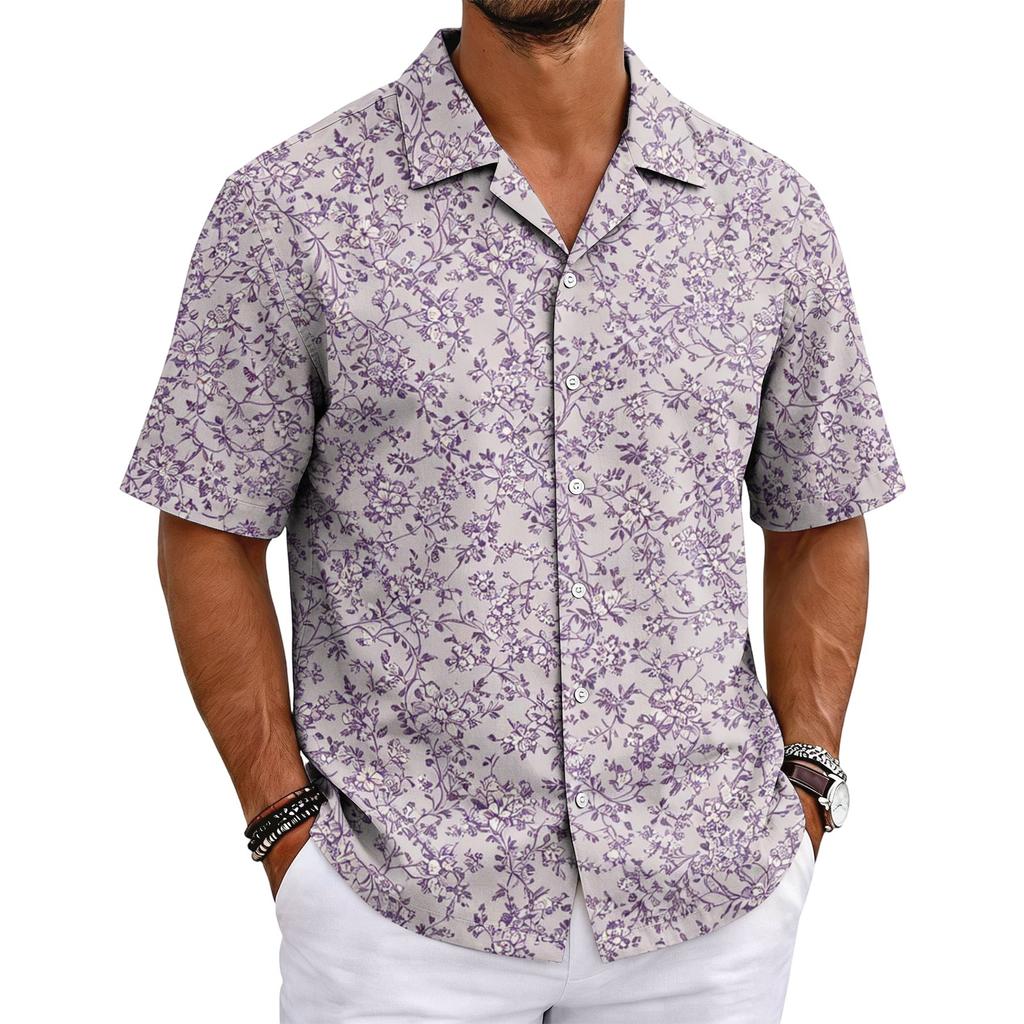 Herren Sommer Hawaiianhemd Kurzarm Kubanischer Kragen Knöpfe Casual Leichtes Atmungsaktives Gewebe Strandurlaub Hemd