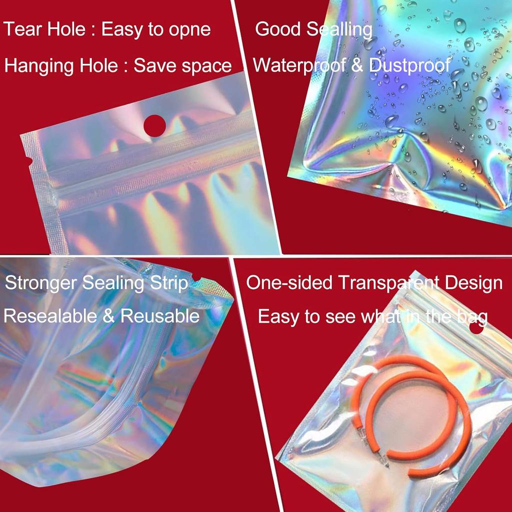 100 KUSŮ Holografické obalové sáčky sáčky se zipem pro malé podnikání, Znovuuzavíratelné potravinové sáčky odolné proti zápachu Fóliové úložné sáčky s průhledným okénkem, Tepelně