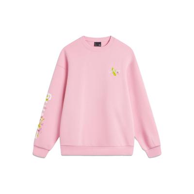Li Ning Sports Lifestyle Series Letter Floral Round Neck Casual Knit Pullover Long Sleeve Sweatshirt Women Sweatshirt Sheer-Pink AWDU884-7