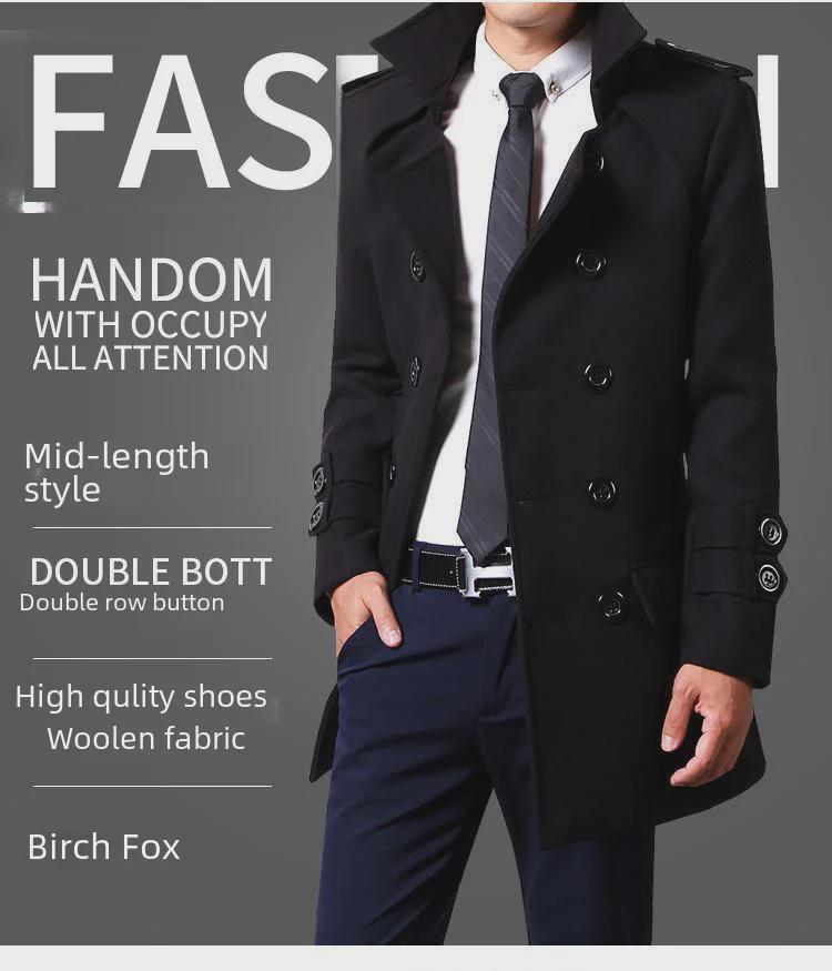 2024 Autumn/Winter Men's Slim Double-Breasted Wool Trench Coat - Trendy Korean Style