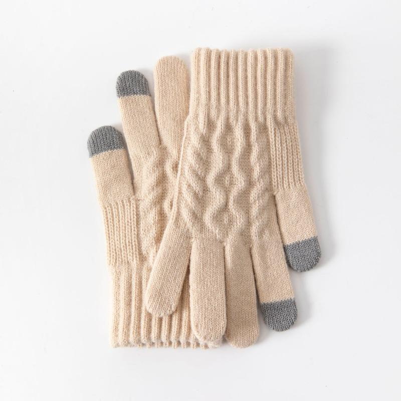 Gloves Women's Winter Velvet Thickened Korean Version Cold-proof Cute Riding Touch Screen Warm Wool Knitted Gloves