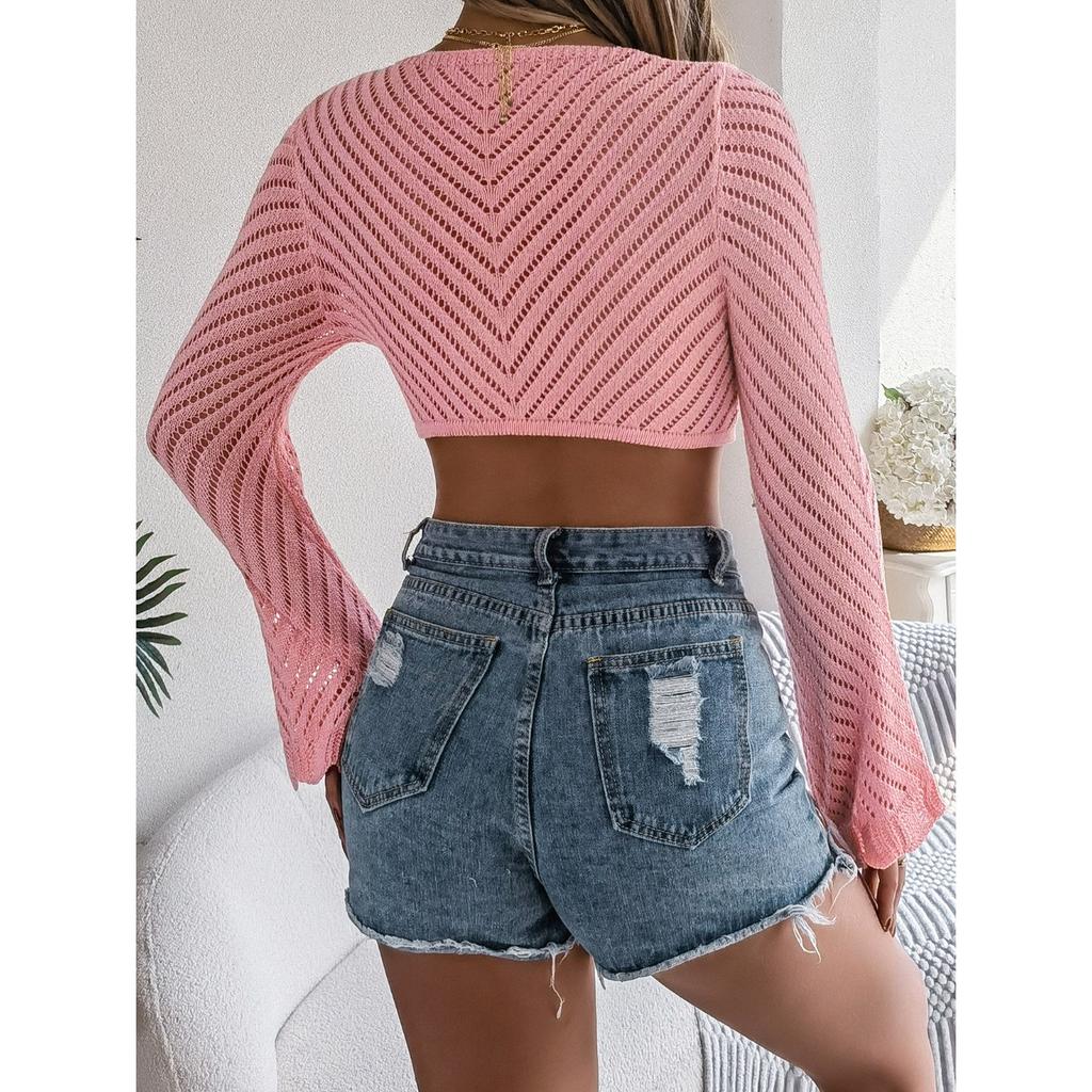 GMXIA Summer Hollowed-out Striped Tie Long-sleeved Crop Top Knitted Cardigan for Women with Sun Protection
