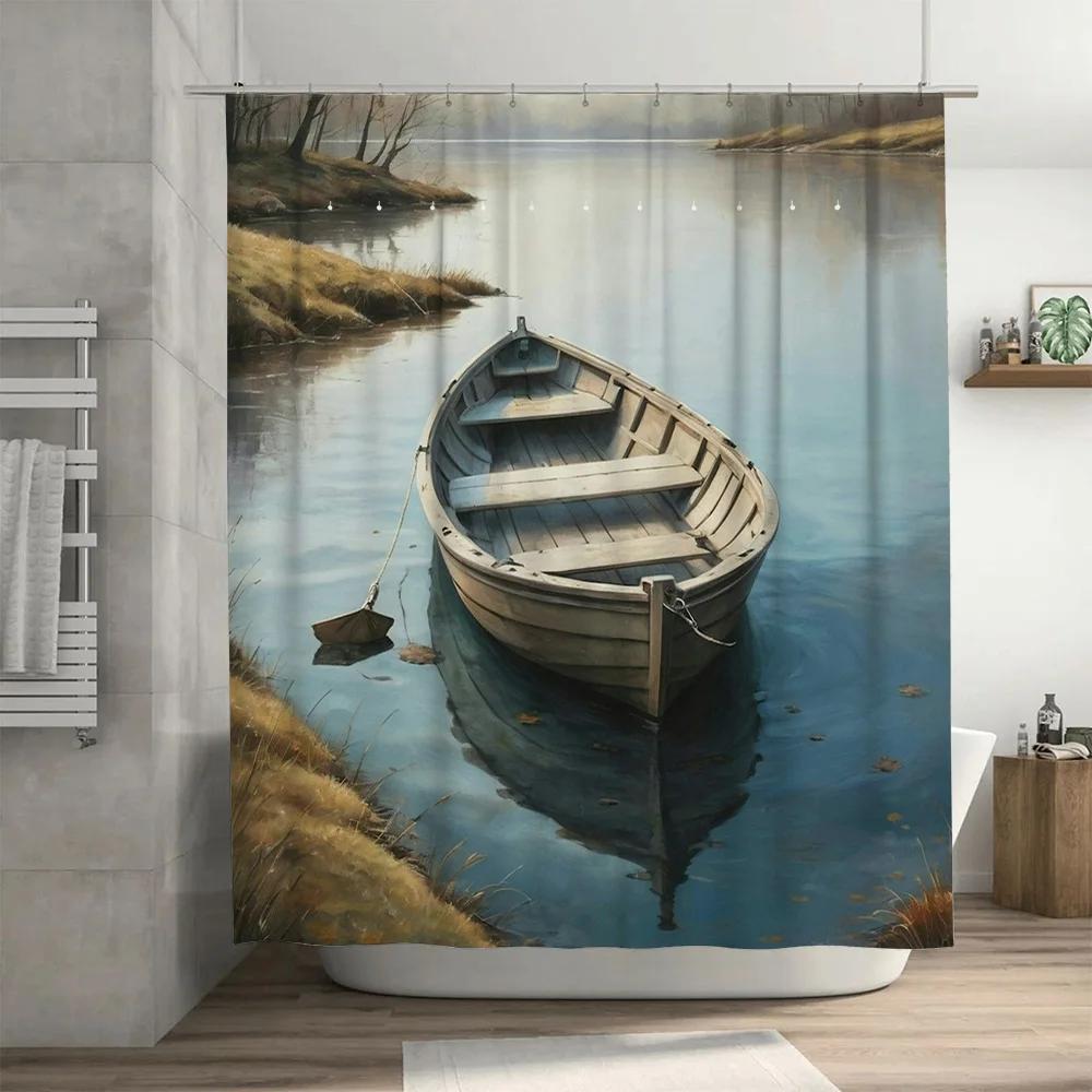 Outdoor Boat Printed Shower Curtain Waterproof Decoration Home Bathroom Decor Rustic, Blue, Tan Color Scheme (78 x 72 inches) [S