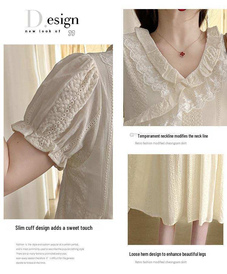 Dulce Vestido de Verano de Maternidad con Encaje Jacquard de Cuello en V y Bordado