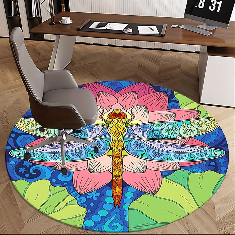 Colorful Dragonfly Office Carpet Chair Mats, Vibrant Lotus Design for Home Decor, Office Carpet Gift, Suitable for Bedroom, Living Room, Various Room